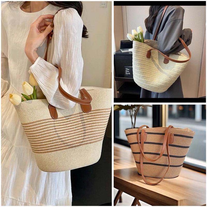 (Hàng QC) Túi Cói Dệt Quai Da Chắc Chắn Size To Có Khoá Kéo – Túi Xách Đi Biển Nữ Thanh Lịch Tiện Lợi Chất Liệu Cói Dệt