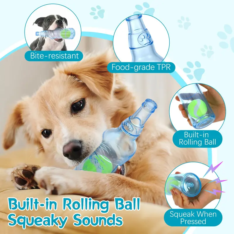 【Chewers may damage please note!!】Pawaboo Blue Water Bottle Interactive Dog Toy for Aggressive Chewers,Chew Toys With a Tennis Ball,Squeaky Dog Toys for Small Medium Dogs,Ball in a bottle,Interactive 2