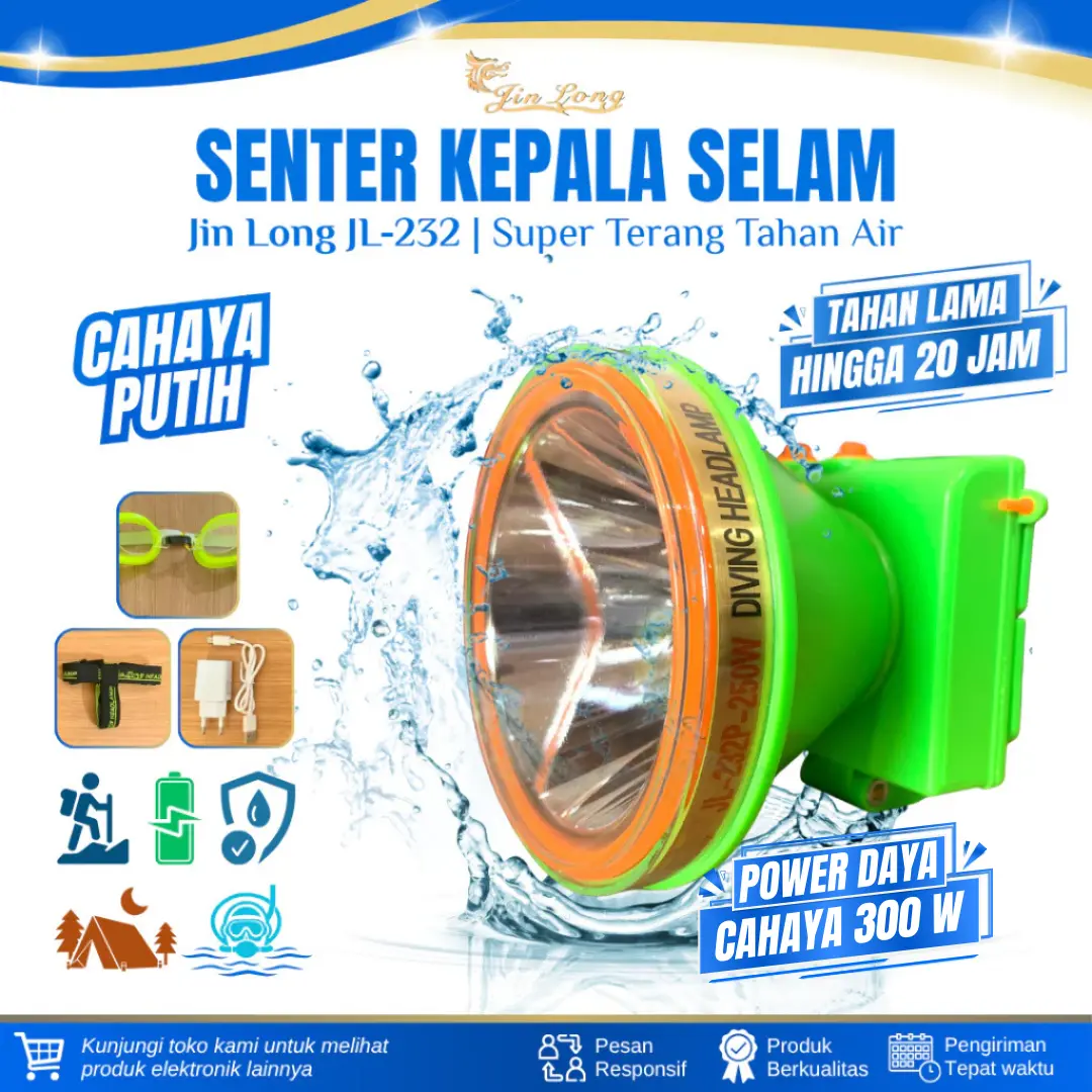 Lampu Senter Kepala LED 300 Watt Jin Long JL-232 Putih Battery Lithium Lampu Gunung Senter Camping