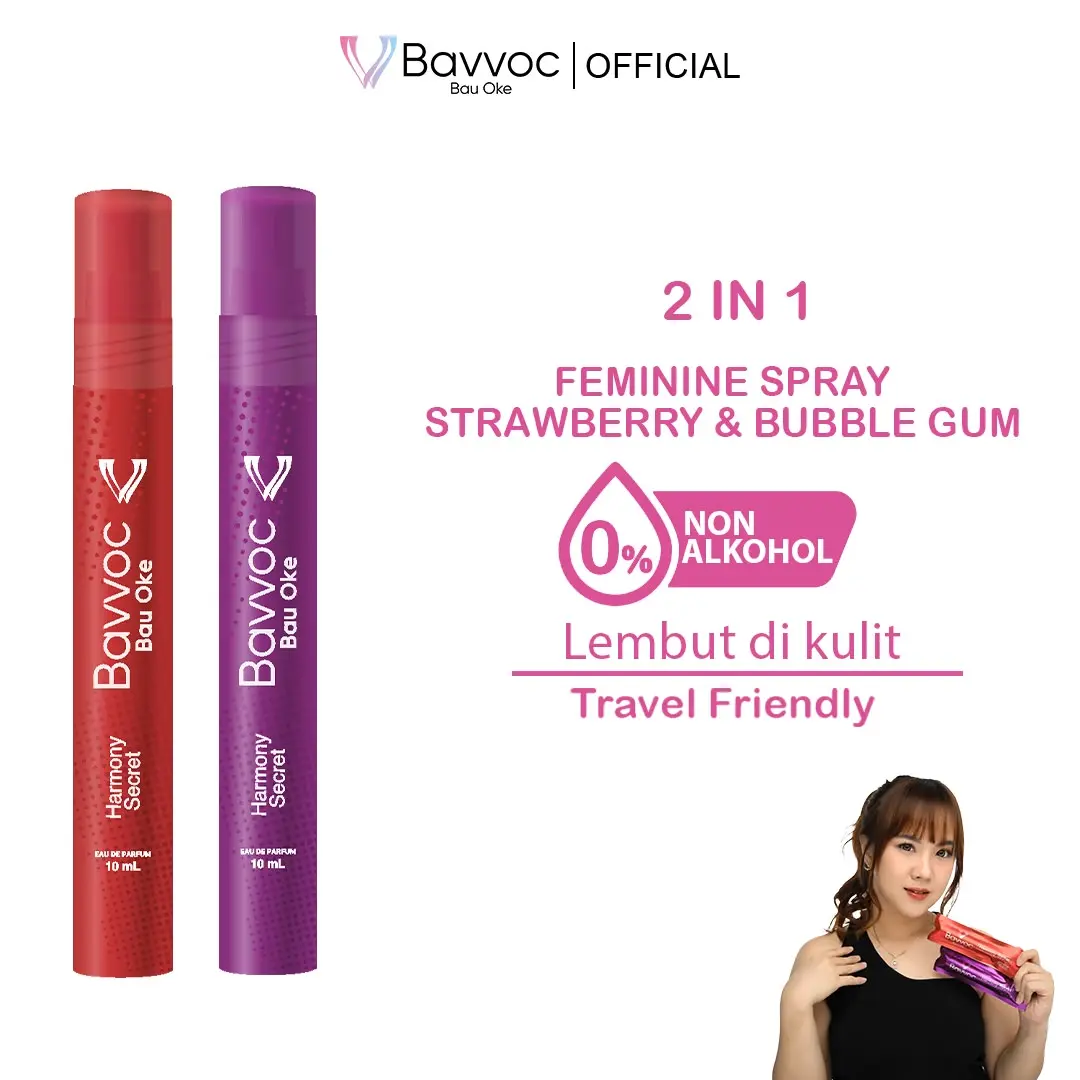 [2in1] BAVVOC Feminine Spray Bubble Gum & Strawberry 10ml | Non Alkohol | Spray Wanita BPOM Halal