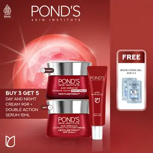 [PAKET HEMAT!] Ponds Age Miracle Day and Night Cream 9gr + Double Action Serum 15ml FREE Biome Hydra Gel 2gr x 2