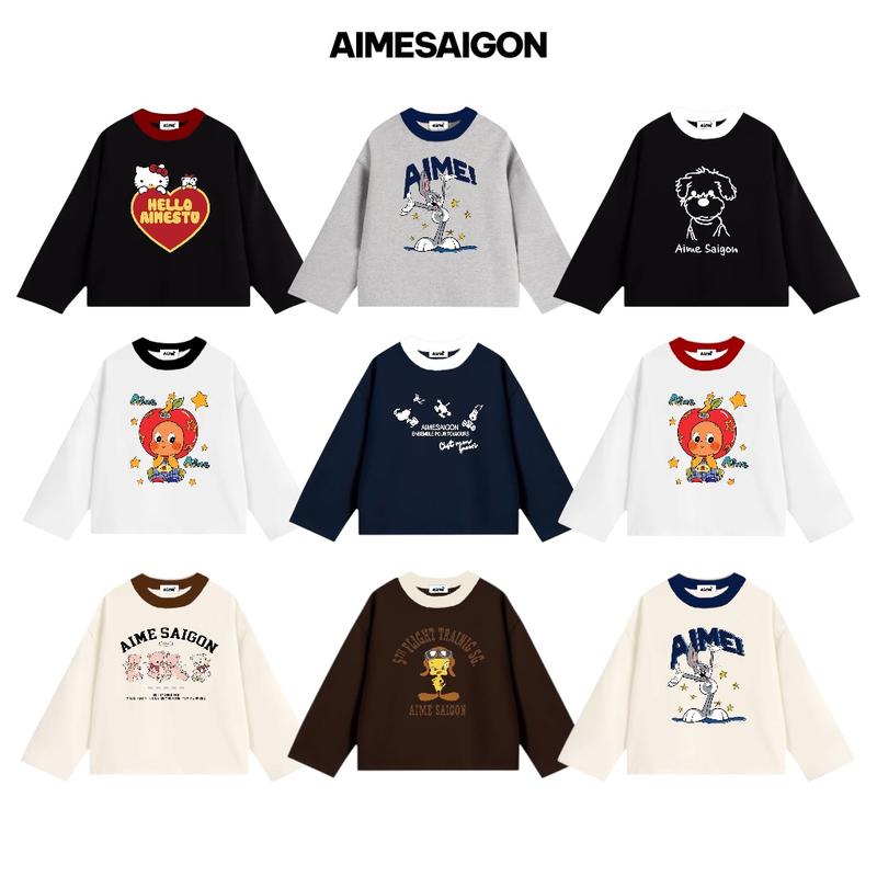   Ver3  Áo Thun Tay Dài Long Sleeve Boxy AIMÉ Form Rộng Cổ Tròn " PHỐI CỔ HOẠT HÌNH " Unisex Nam Nữ Basic 