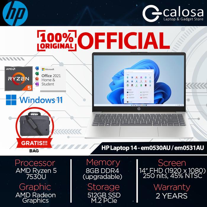 Gambar Laptop HP 14  Ryzen 5-7530U RAM 8GB SSD 512GB 14″ FHD Windows 11 Home+OHS 2021 em0530AU em0531AU em0018AU em0019AU - Silver dari Calosastore Kota Malang Tokopedia