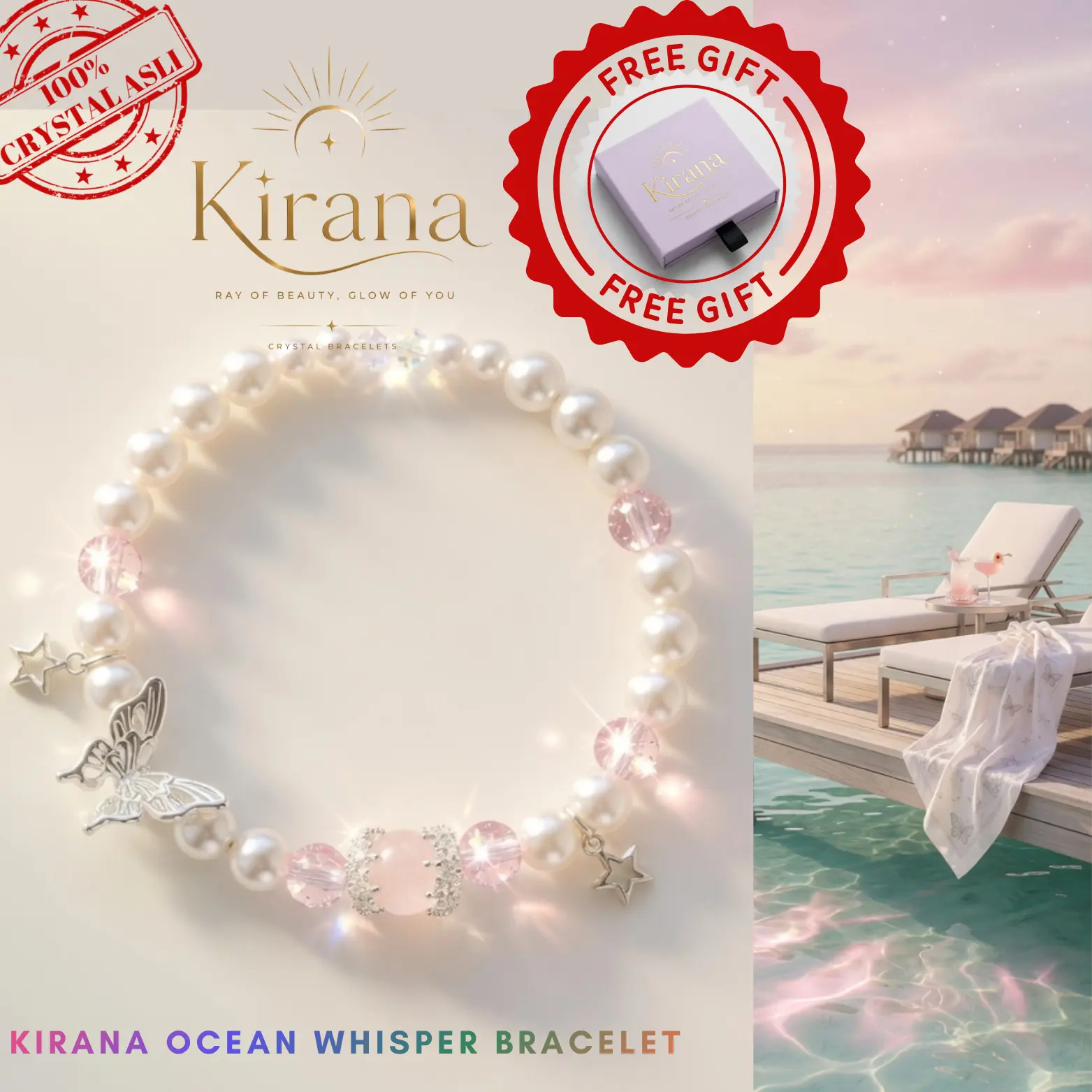Gelang Kirana Crystal Ocean Whisper Rose Quartz Cinta & Healing Hati - Batu Alam Kristal Asli Giok Wanita Stone-Anti Karat Wanita Bracelets Korean Style Aesthetic COD Free Box jewelry pearl 8mm