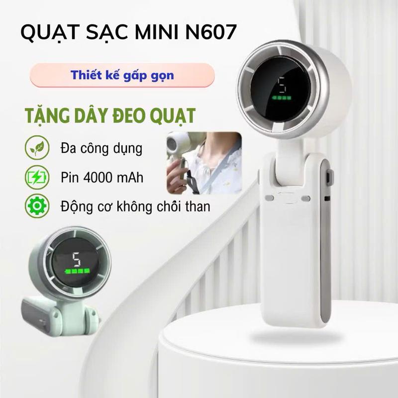 Quạt Cầm Tay Siêu Tốc Tích Điện Mini N607 5 Bánh Turbo Pin 3600mAh 5 Cấp Độ Gió Xoay 180 Độ Gấp Gọn Tặng Dây Đeo Cổ Tiện Lợi