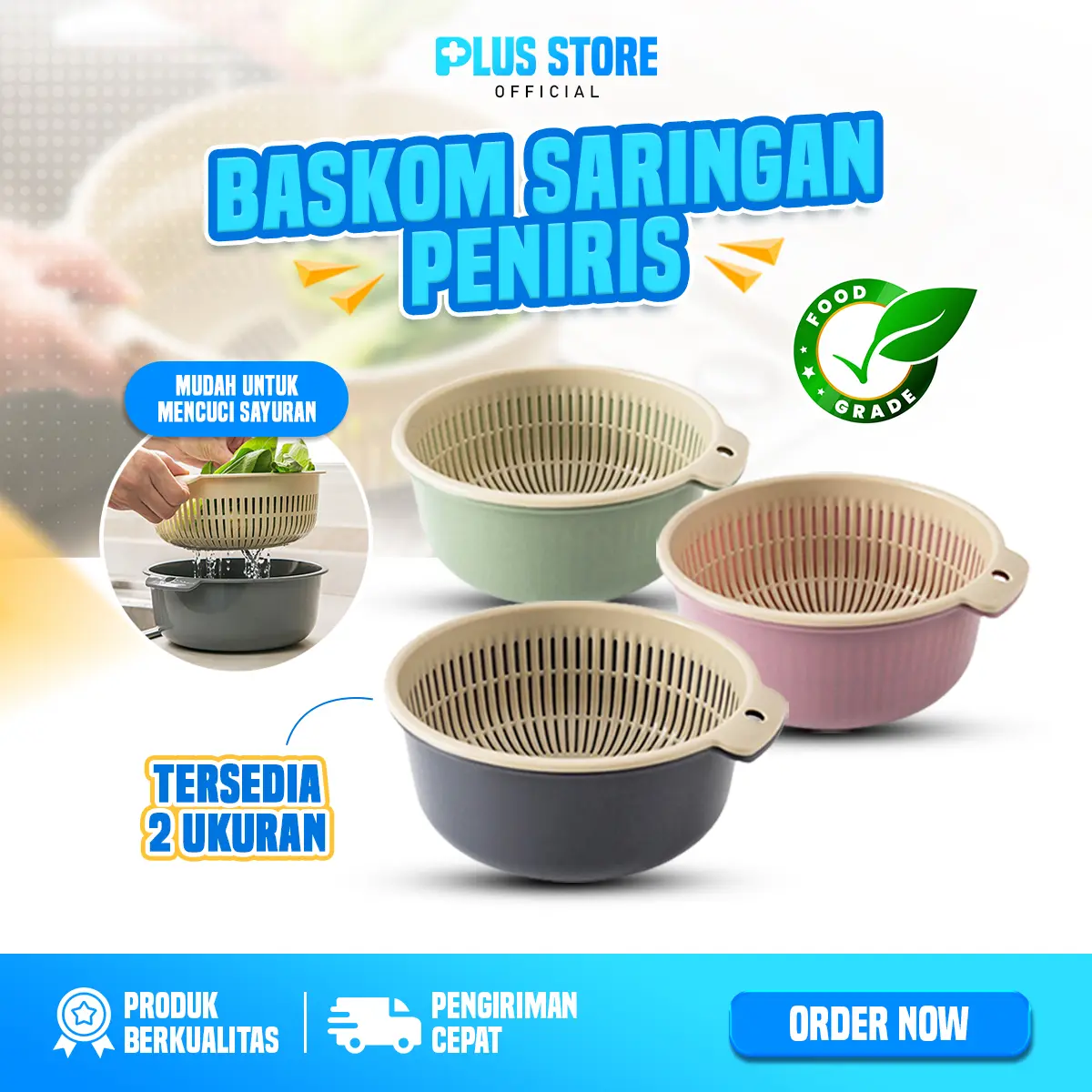 Baskom Saringan Cuci Buah Sayur/ Keranjang Pengering Daging Buah Sayur Multifungsi