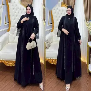 abaya lebaran 2026 Sahara Dress Gamis Hitam Elegan Dengan Detail Payet Mutiara Swaroski Untuk Tampilan Mewah