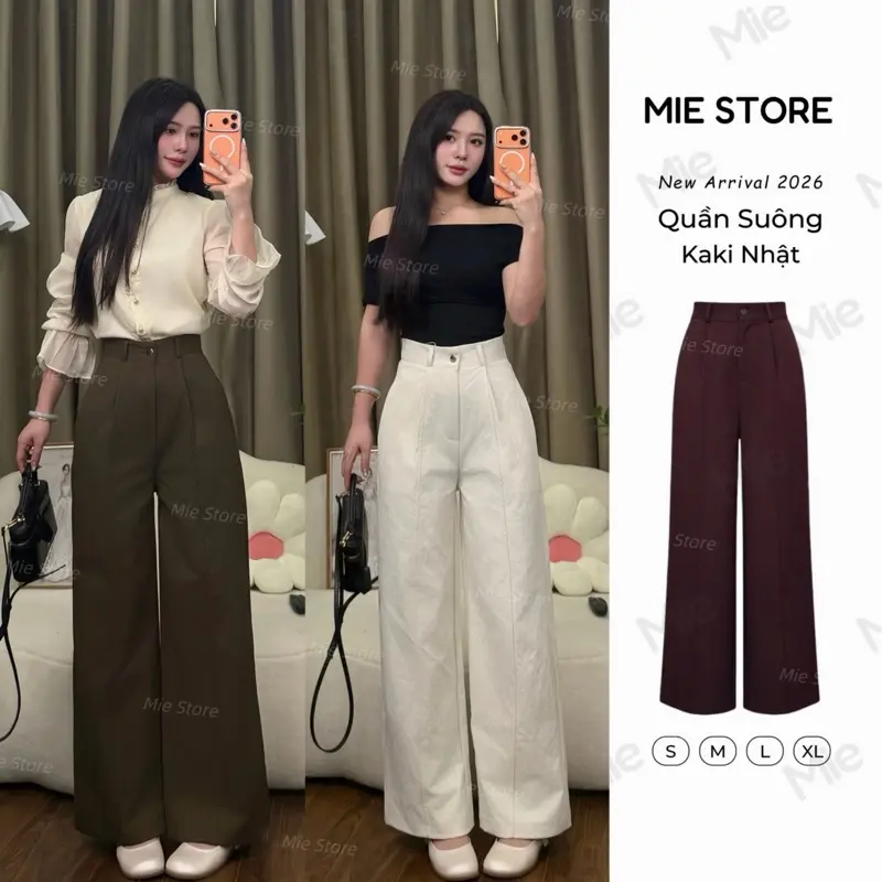 Quần Kaki Nhật ống suông from rộng ,quần lưng cao thời trang Mie  93CM và 100cm (M108)