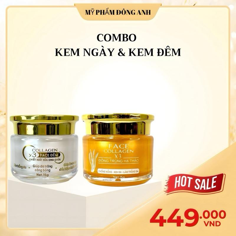 BỘ ĐÔI KEM FACE NGÀY ĐÔNG TRÙNG HẠ THẢO & KEM FACE ĐÊM SỮA ONG CHÚA COLLAGEN X3 - hỗ trợ giảm thâm,nám,sạm,tàn nhang - MỸ PHẨM ĐÔNG ANH COLLAGEN X3