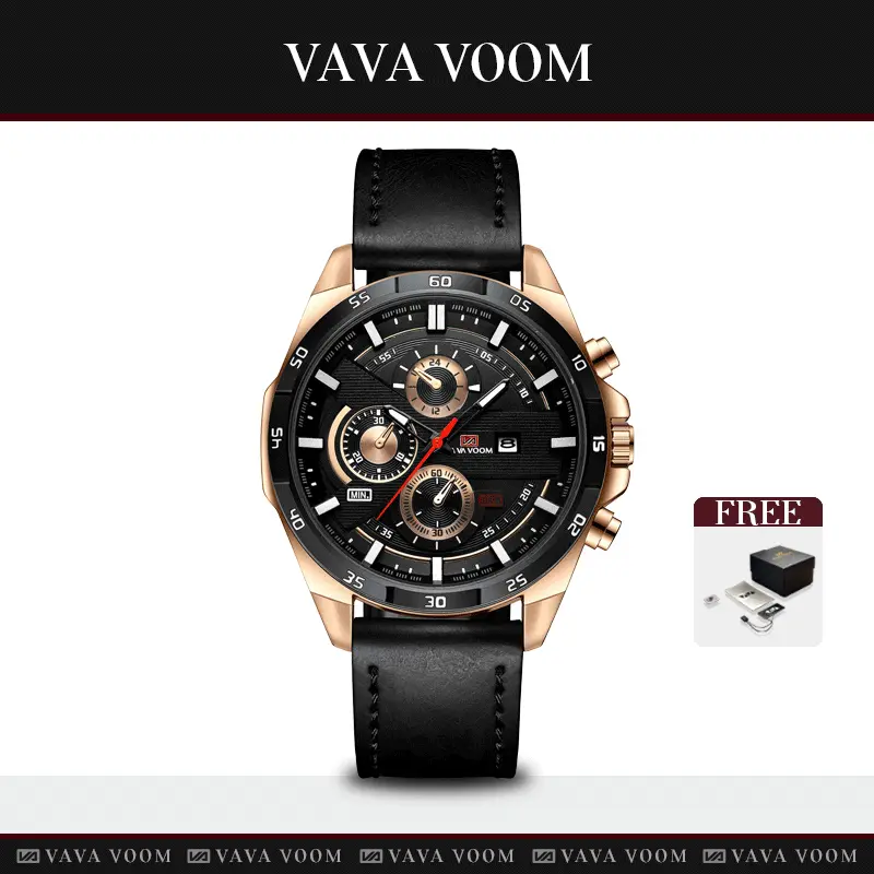Jam Tangan Pria VAVAVOOM Sporty Impor Original Tahan Air Auto Date Analog 216P - Watches Kulit Kaca
