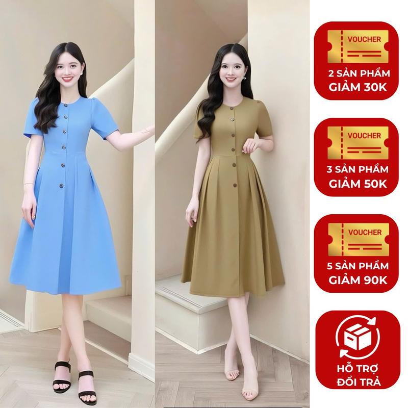 Đầm váy nữ thiết kế Nhật Vy cổ tròn tay ngắn dáng xoè bigsize chất lụa công sở văn phòng dự tiệc big size quà tặng vợ mẹ màu kem nâu xanh - D3436