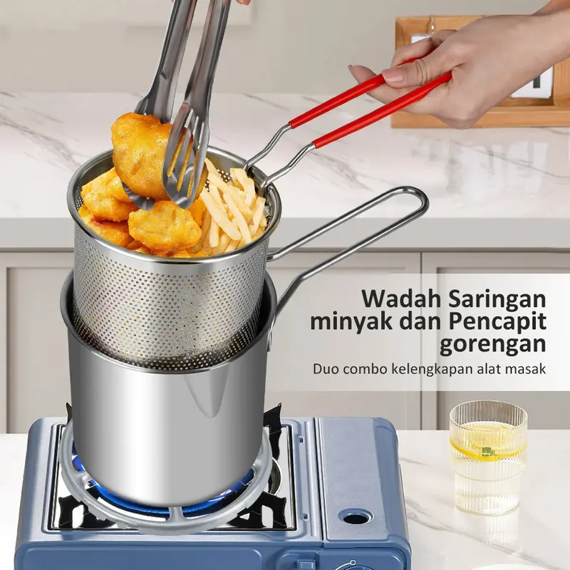[LXS] Panci Multifungsi 3 in 1 Multi Deep Fryer Set Panci Penggorengan Rebus Stainless Steel Saringan Capitan Klip Makanan 1