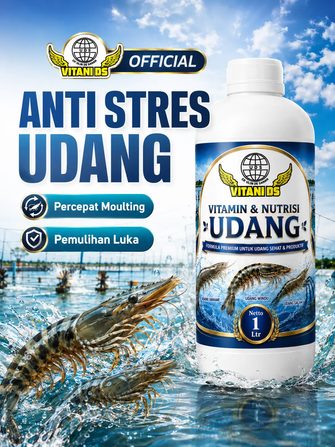 Vitamin Nutrisi Udang windu Tambak 500 ml | Anti Stres Udang vanamei | Mempercepat Moulting & Pemulihan Luka "