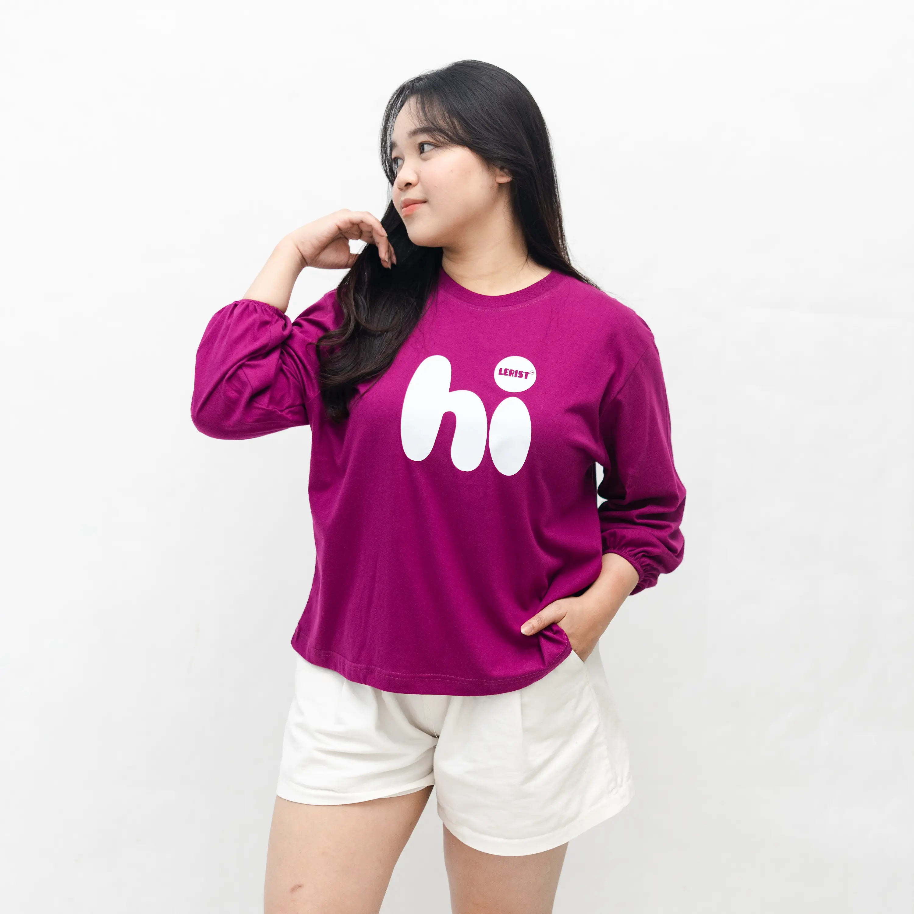KAOS LENGAN PANJANG MOTIF HI - Atasan Wanita T-Shirt Blouse with say Hi TShirt Oversize Baju Crop Top Casual Lerist