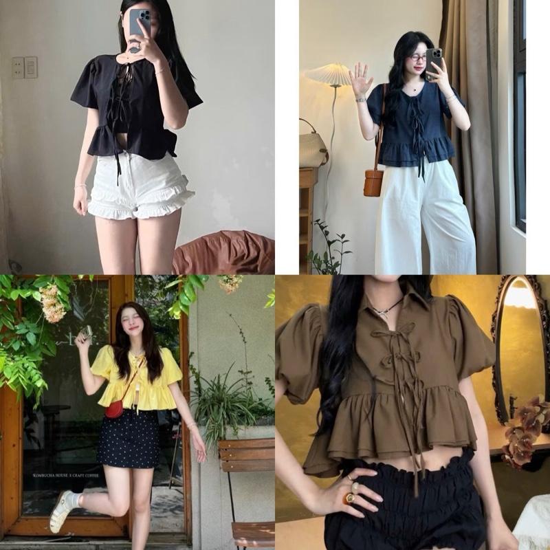 Bigsize 60-140kg áo babydoll dáng ngắn croptop thắt nơ ( Tặng kèm áo quây )