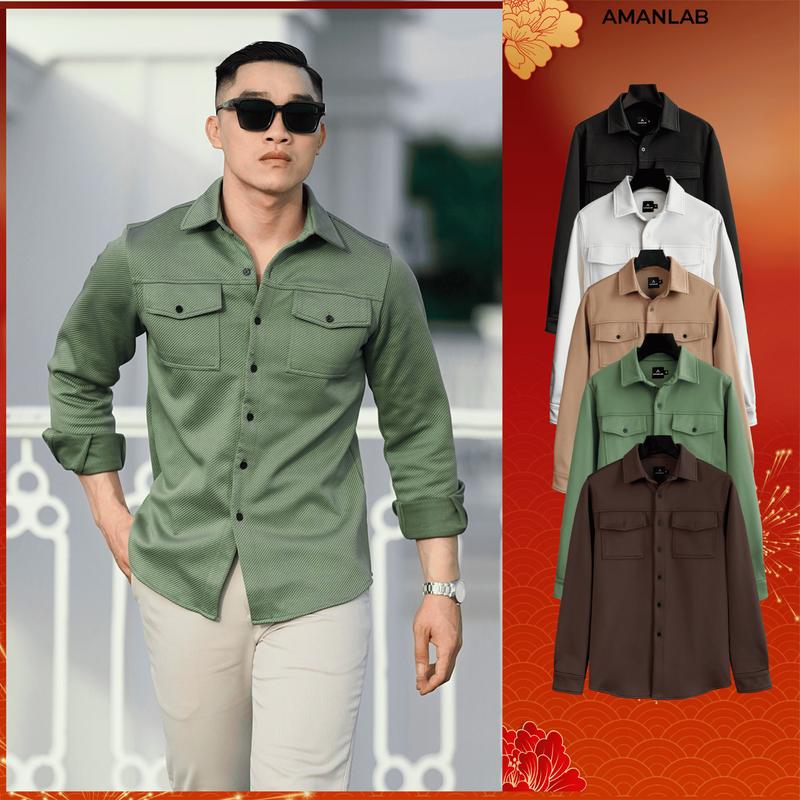  Áo sơ mi khoác nam chất vải cotton vân dày thiết kế 2 túi Jacket Shirt 