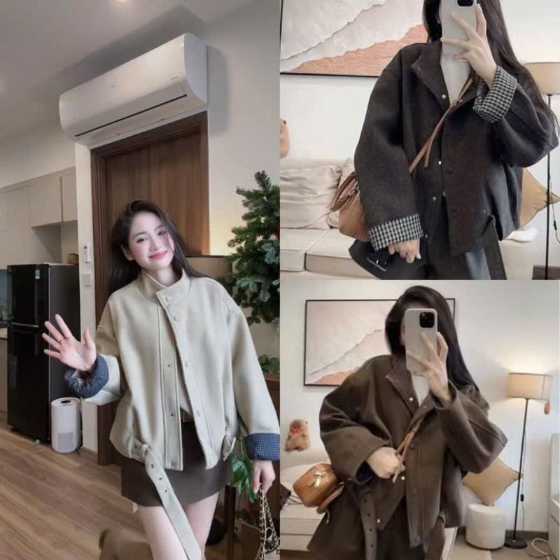 Hàng 2 Lớp Áo Khoác Dạ 2 lớp Phối Tay kẻ Kèm Đai Dày Dặn Phong Cách Hàn Quốc Thời Trang Hiện Đại Cài Nút Cách Điệu
