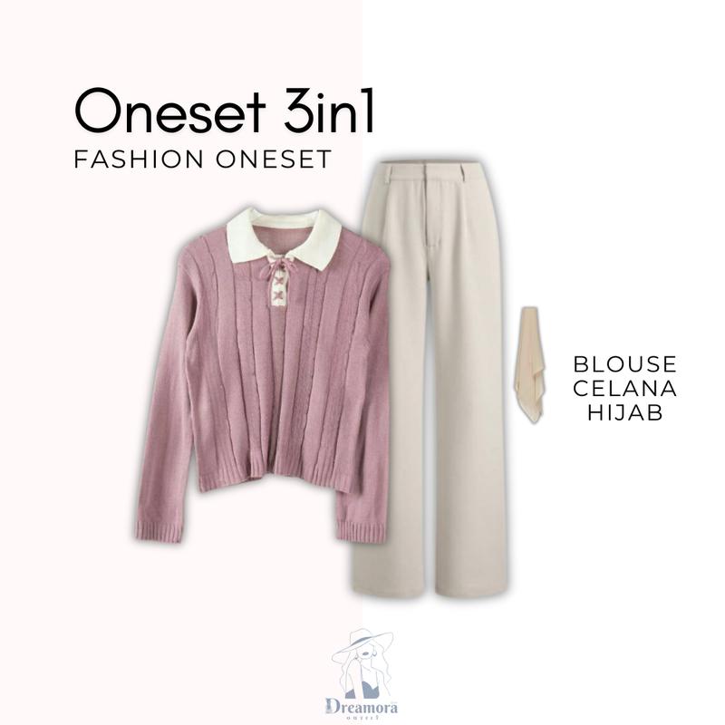 one set outfit remaja ( Blouse Coquette + Celana Ivory + Tas Aesthetic + Hijab ) Satu set DM019N Atasan Baju Muslim Nyaman Panjang Setelan Tebal Wanita 4