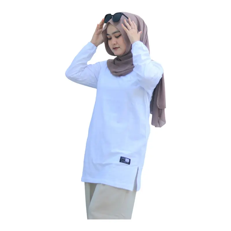 Atasan Kaos Tunik polos  Merah Maroon wanita Dewasa Muslim terbaru lengan panjang tangan serut karet  Kerah oblong variasi belah Samping bahan Kain katun Combed 24s  Nyaman Tebal premium import Hitam Basic Atasan Tunik 8