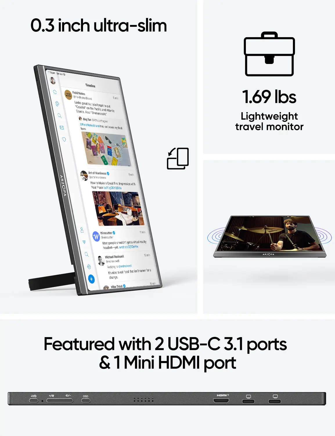 Màn hình di động ARZOPA 17,3 ", A1M, Độ phân giải 1080P FHD, 103% sRGB, Màn hình chơi game IPS, Tương thích với máy tính xách tay, Có chân đế tích hợp, HDMI và cổng USB C, Màn hình ngoài, Thích hợp cho PC, Mac, Điện thoại, Xbox, Switch, PS5 | BigBuy360 - bigbuy360.vn