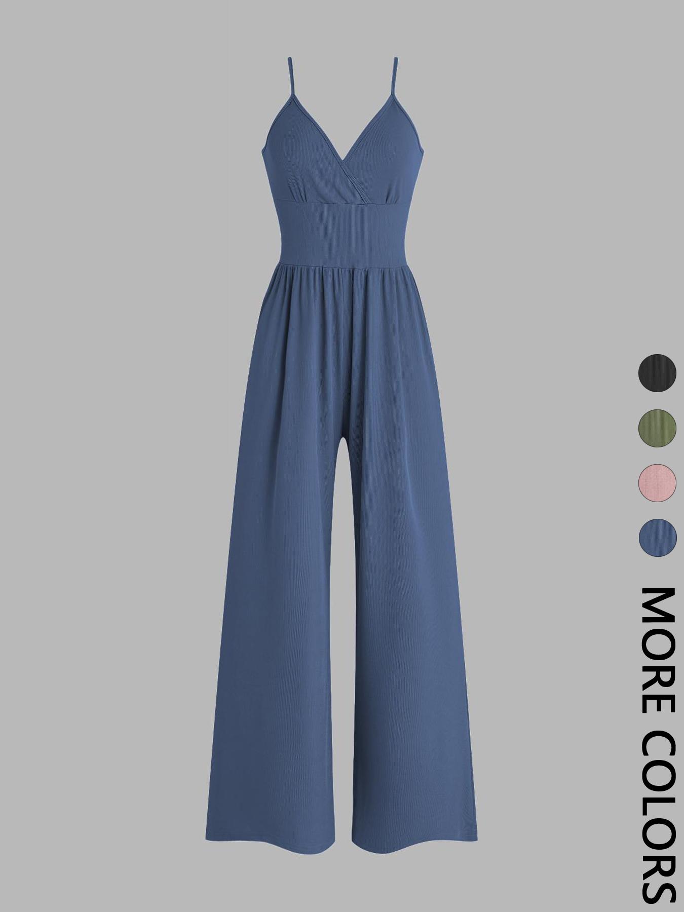 Women's Solid Plicated Ribbed Wide Leg Cami Jumpsuit, Summer Outfits 2024, Casual Sleeveless Spaghetti Strap High Waist Jumpsuit for Daily Wear