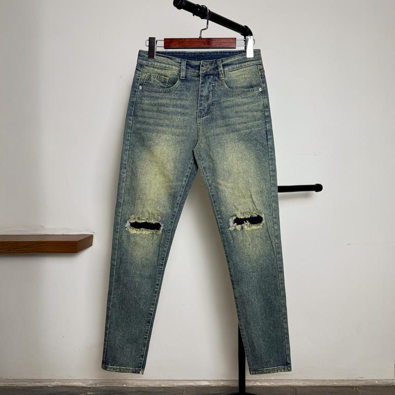  Quần jean nam skinny rách to lót vải đen was tông màu xanh rêu QJN123 Pants Menswear Có Túi 