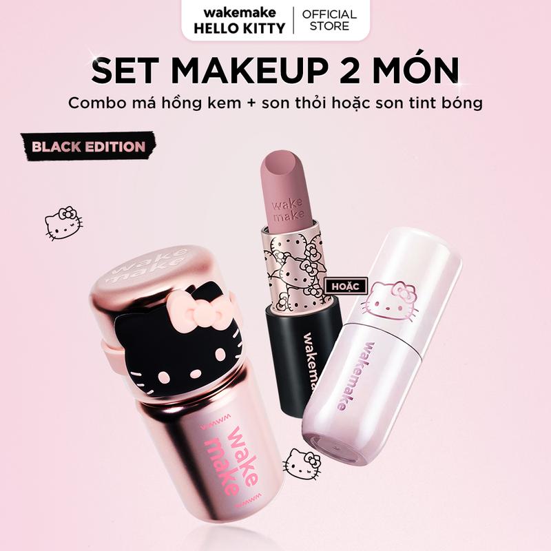 [ĐỘC QUYỀN] COMBO Makeup 2 Món WAKEMAKE HELLO KITTY Black Edition -  Má hồng kem, Son thỏi/Son tint bóng