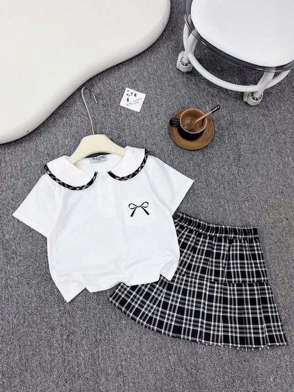 Bộ sét Ong Kis áo cổ sen in túi nơ kèm chân váy kẻ cho bé gái 10-35kg