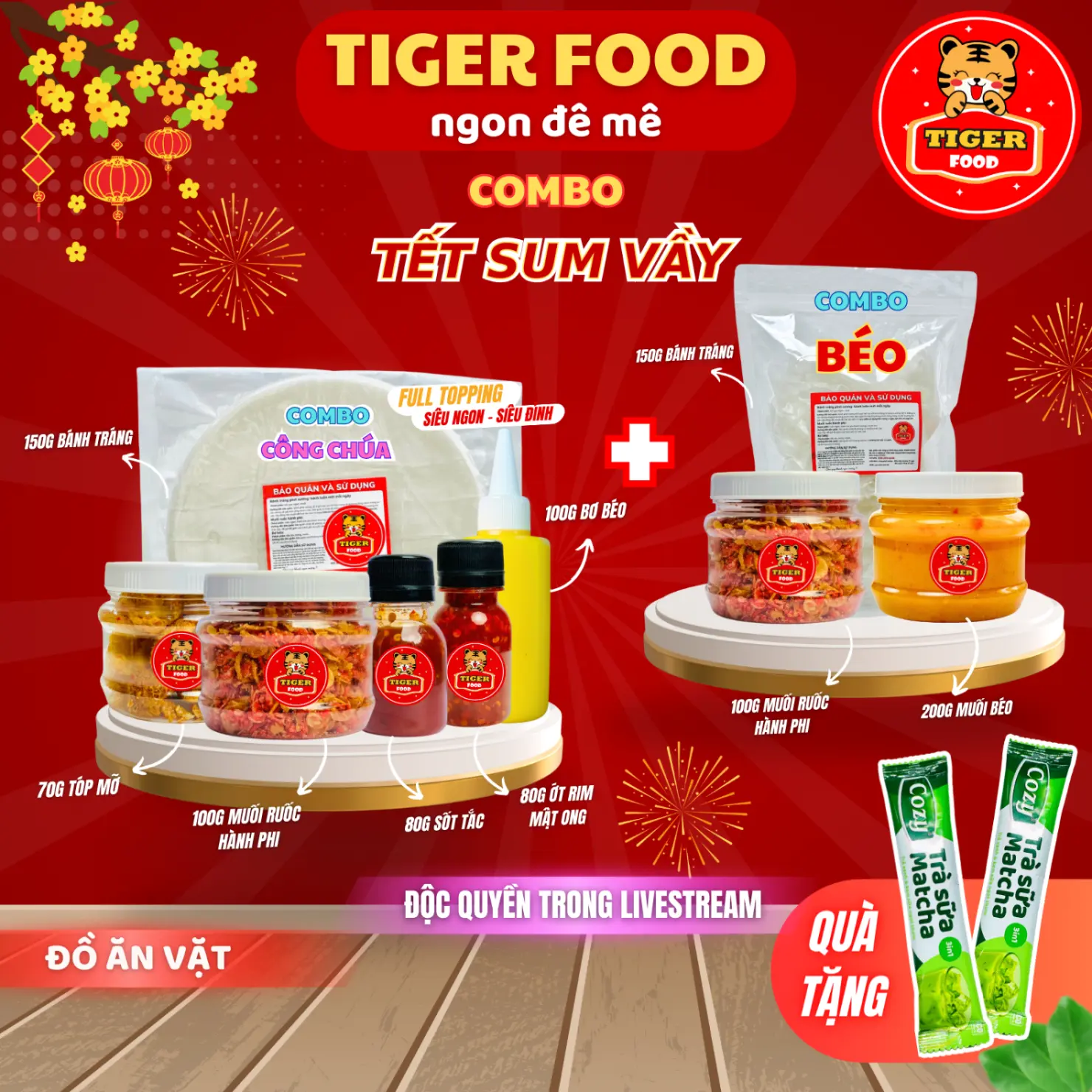 COMBO SUM VẦY - Bánh tráng phơi sương TIGER FOOD - Combo Công Chúa (06 món) + Combo Béo (03 món) Muối Ruốc Hành Phi - Muối Béo - Tóp Mỡ - Sốt Tắc Chua Ngọt + Tặng kèm 02 gói trà sữa matcha siêu ngon