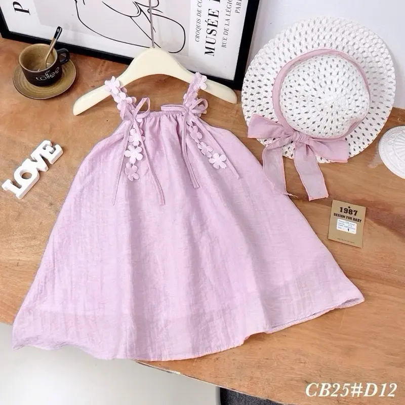 Váy hai dây đũi chữ A phối dây hoa 2 màu kèm mũ xinh cho bé gái 1