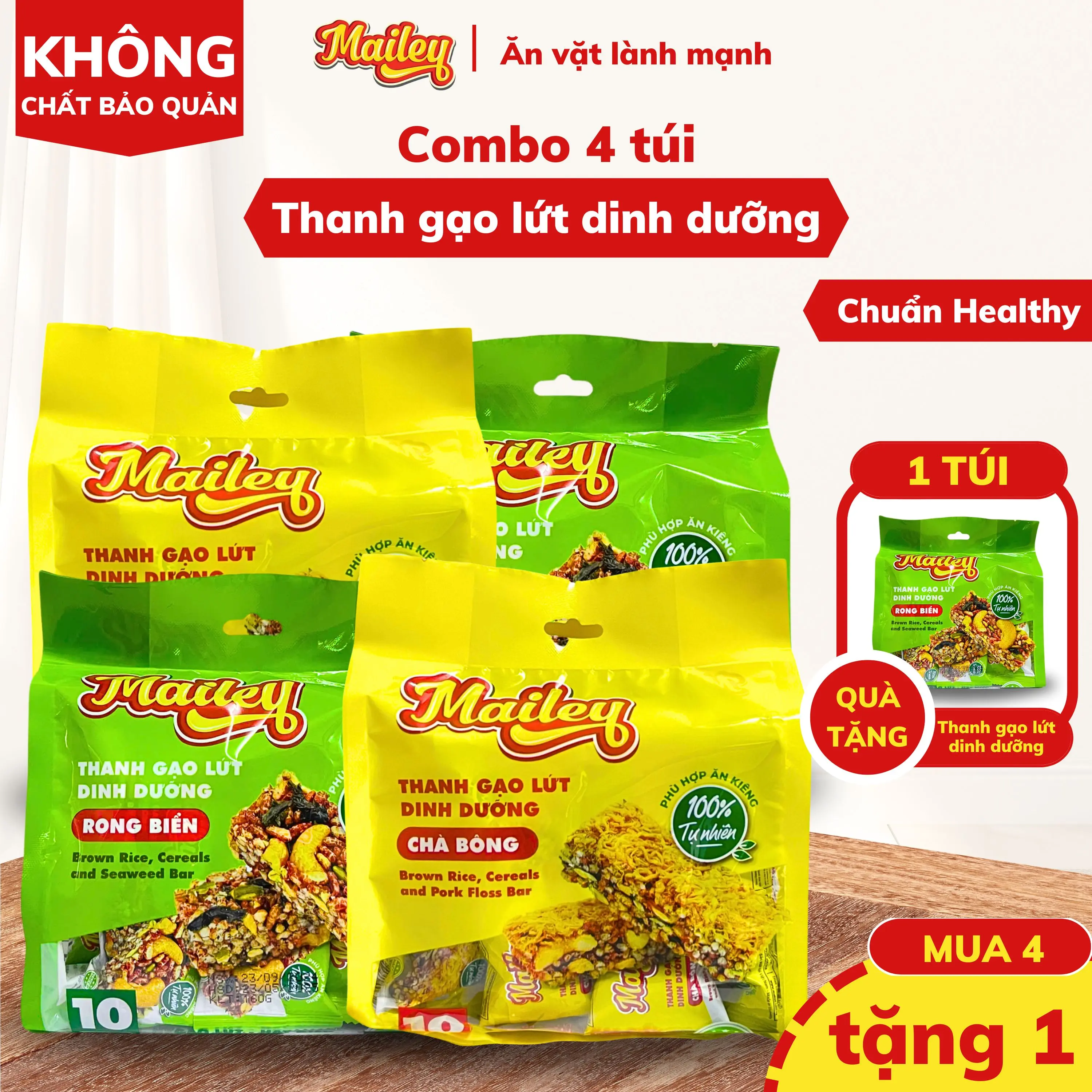 [COMBO 4 TÚI TẶNG 1] Thanh gạo lứt chà bông,rong biển mix hạt Mailey Túi 160g - Dùng ăn chay, mặn đều được