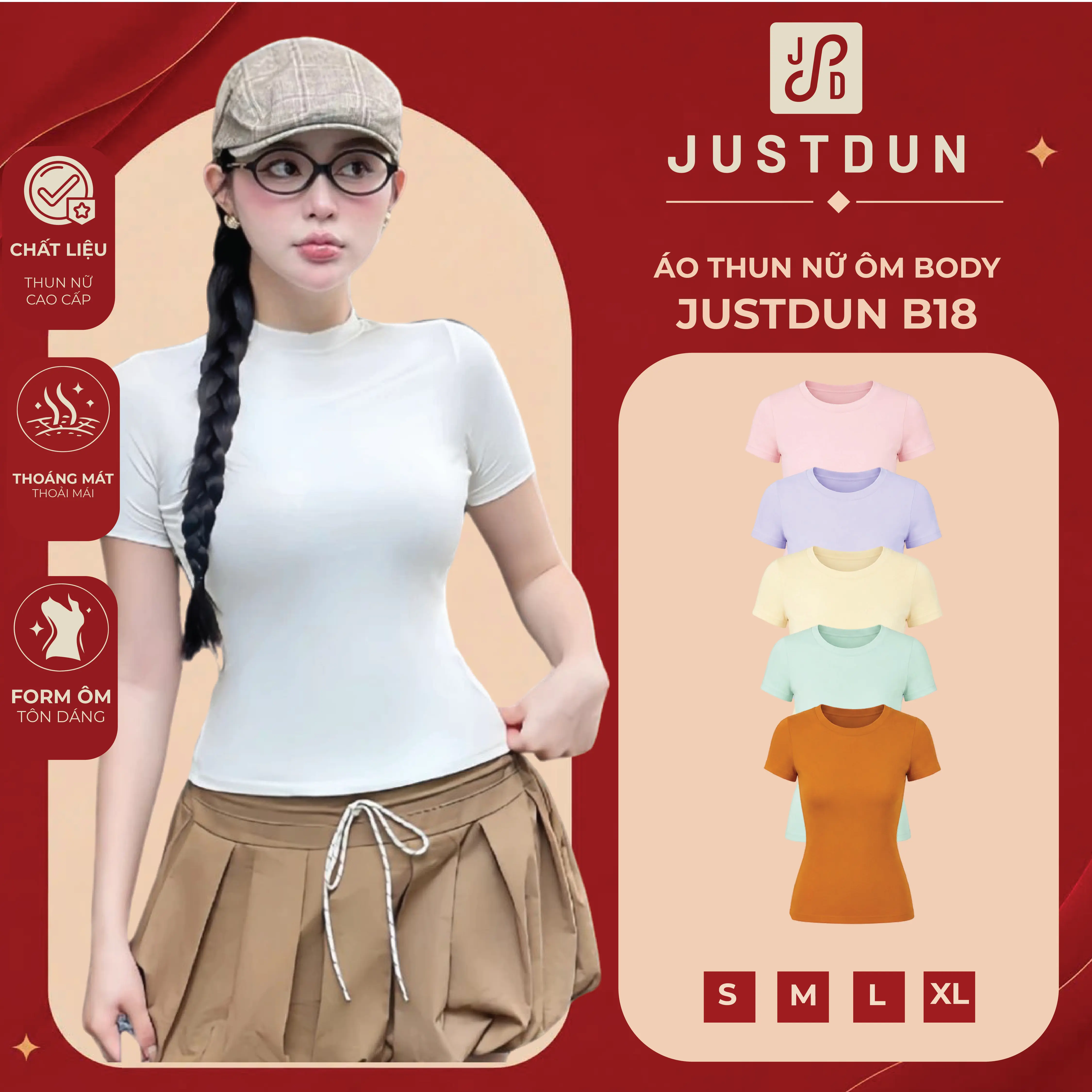 JUSTDUN Áo Thun Nữ Ôm Thắt Eo Body JUSTDUN B18 Cổ Tròn Tay Ngắn, Cotton Mịn Co Giãn 4 Chiều, Mềm Mại Thoáng Khí.