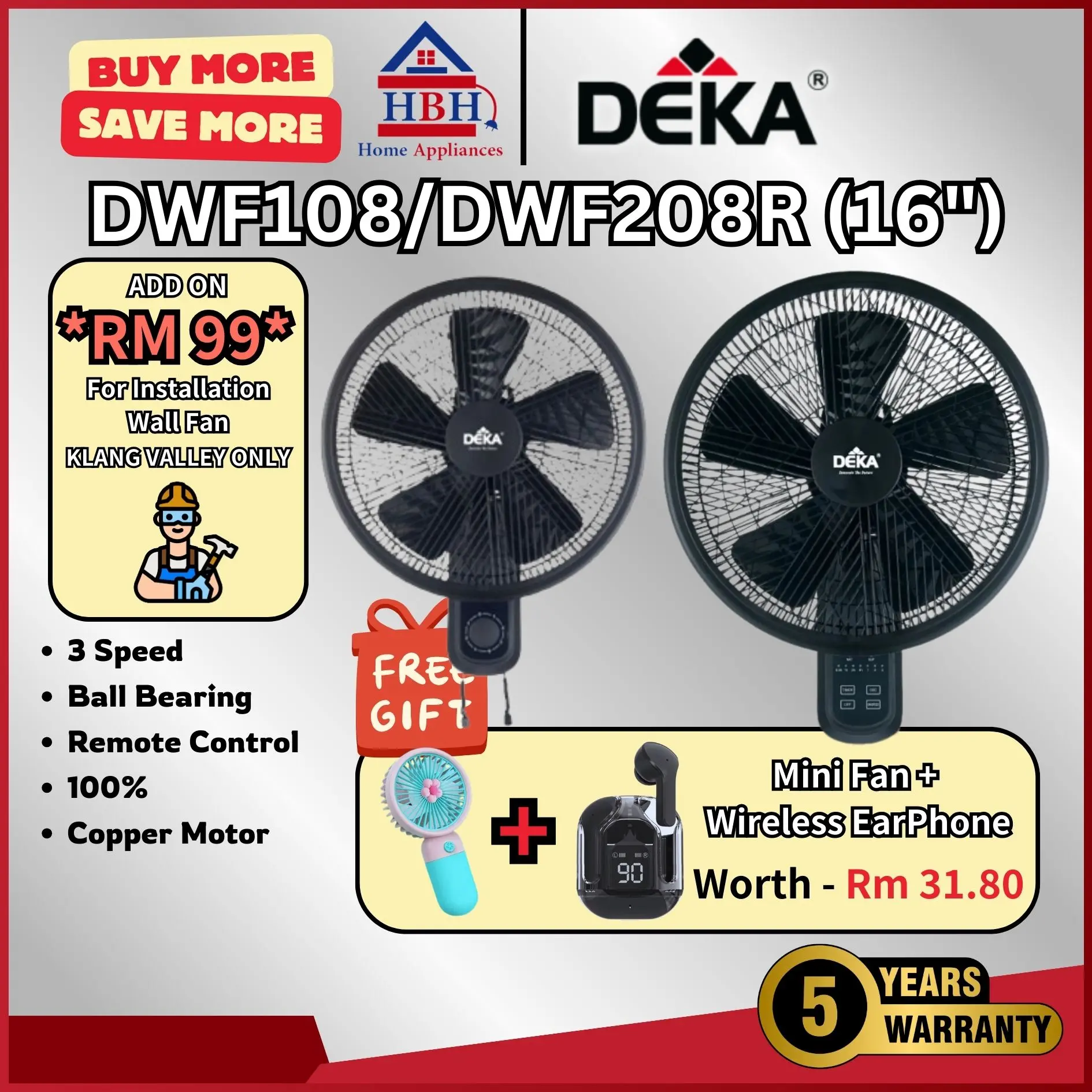 (Rm99 Install) Deka | DWF108 16" Inch | 5 Blades | Wall Fan | 3 Speeds Control W Remote Control | WallFan |