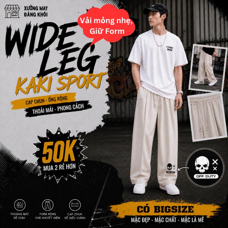 QUẦN DÀI KAKI xếp ly, form rộng dáng suông, Vải Mỏng Nhẹ mặc mát,Quần ống rộng cạp chun chất liệu kaki sport mềm mại, thoáng mát Nam Menswear Pants Ong