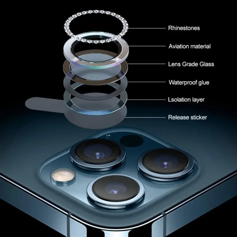 Bảo Vệ Camera Kim Cương, Thiết Kế Sang Trọng, Tương Thích Với iPhone 14, 13, 11 Pro Max, 12 Pro Max, Kính Cường Lực, Có Nhẫn Kim Loại, Vỏ Ống Kính, Tương Thích Với iPhone 12, 11 Mini, 14plus 3