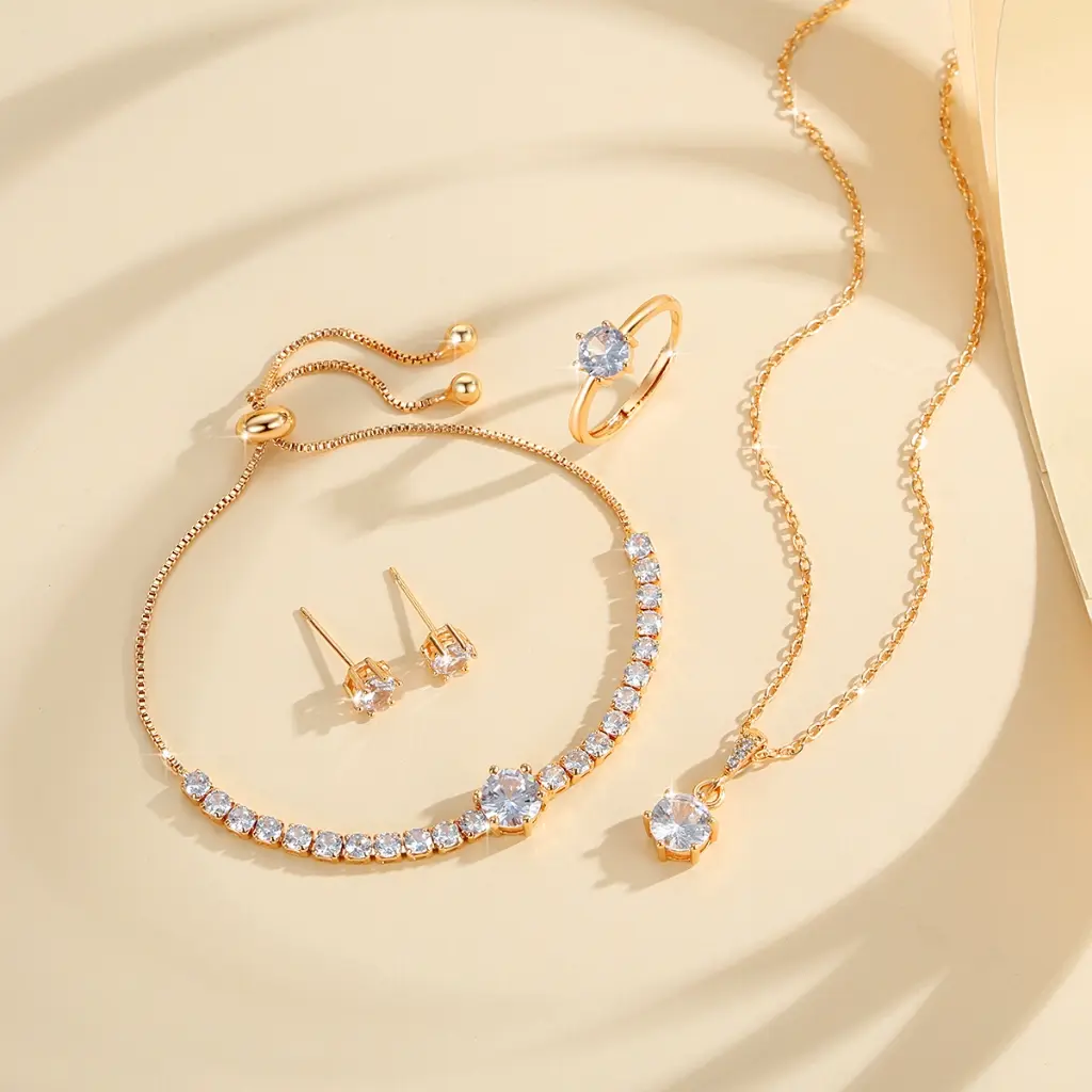 Lanme Jewelry Set Aksesoris Elegan Berlian Kalung Gelang Anting Dan Cincin Titanium Wanita Korea Indah Set TX166
