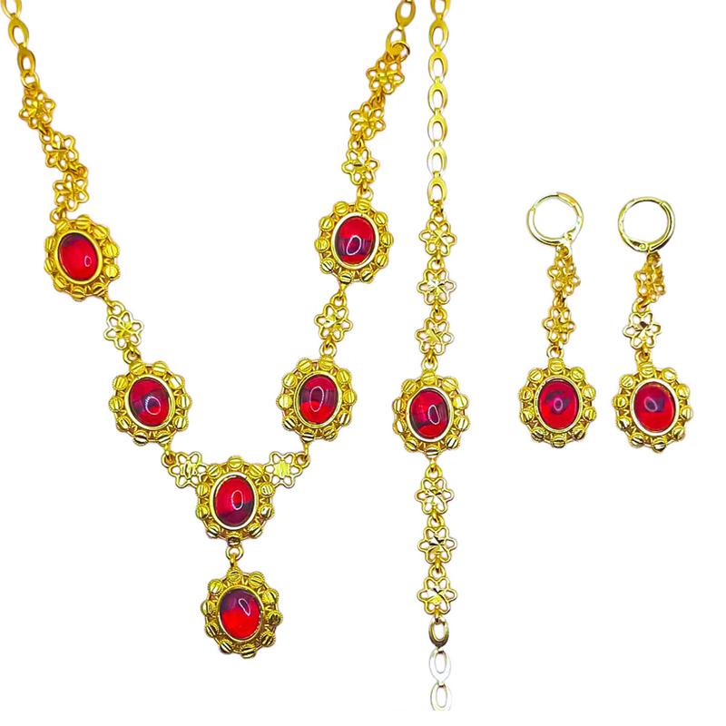 Product Introduction of Dubai Bridal 18k Gold Plated Jewelry Set Fashion Ruby Resin Wedding Necklace Bracelet And Earrings Jewelry Set For Women 10