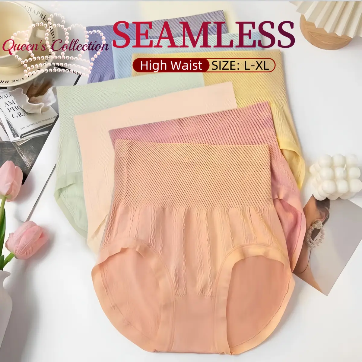 [7Pcs / Pack] Women's Plus Size High-Waist Underwear Panties, Seluar dalam seamless wanita, Selesa dan bernafas, Perut terselip, Angkat pinggul, Antibakteria, Queen's Collection