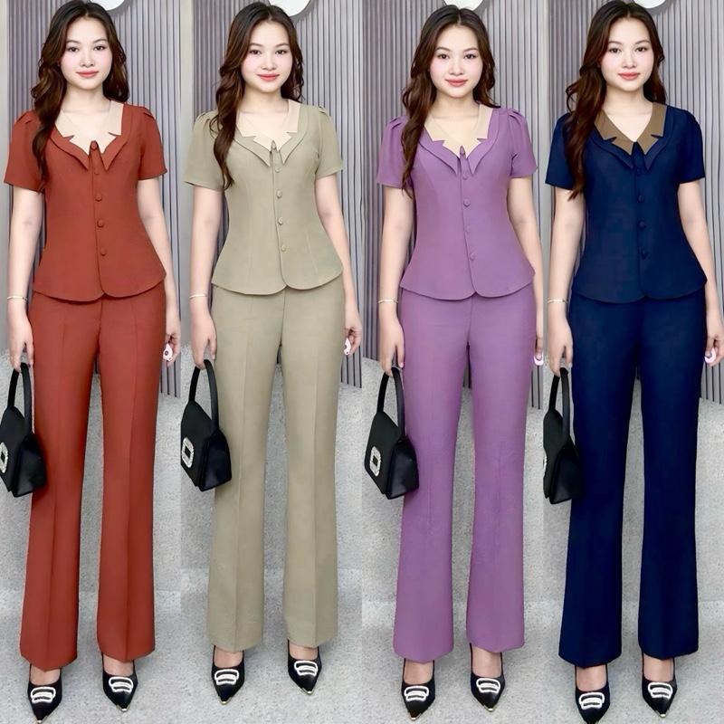 Bộ thết kế cổ cánh bướm phối M404 cao cấp cho nữ quần ống loe nhẹ 21-22cm ( quần dài 94 95cm) Women, Top  Pants