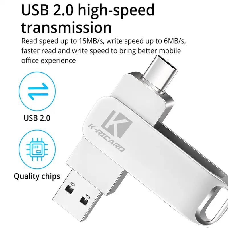 32GB 100% actual capacity USB 2.0 memory stick, TYPE-C/OTG three in one flash drive, silver metal waterproof pen drive, suitable for phone laptop desktop