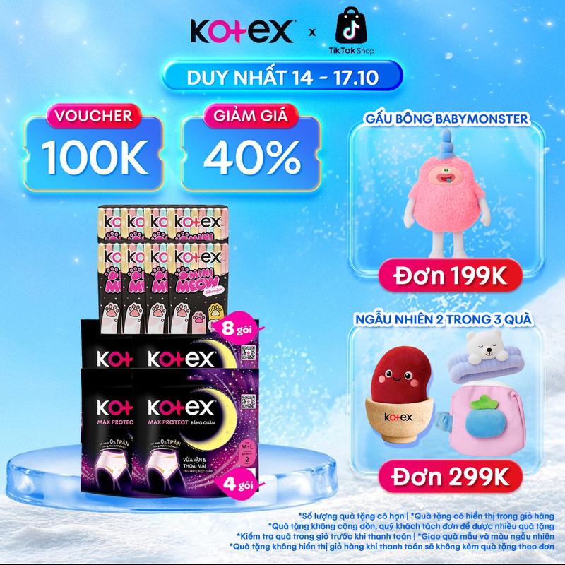 [QUÀ TẶNG HOT] 8 Băng vệ sinh Kotex MiniMeow Siêu mềm siêu mỏng cánh 8 miếng/gói, Mặt bông, Siêu mềm, thoáng khí, bvs mèo tiện lợi + 4 gói Kotex đêm dạng quần cõ M/L 2 quần/gói, Chống tràn, thấm hút tốt, thoáng khí, không lộ viền, siêu mỏng, bảo vệ 360°