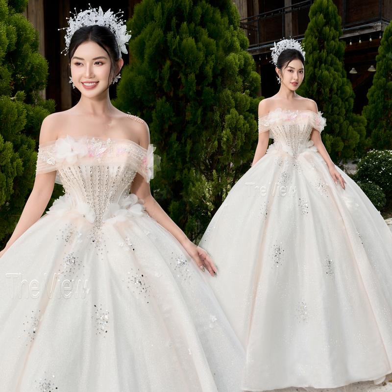 Tặng tùng Váy cưới vai ngang from váy Limited màu hồng nude dáng xòe phồng đại lễ lên sân khấu 386