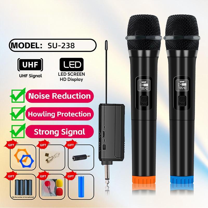 Product Introduction of UHF, wireless, microphone, cool, one-to-two, universal, microphone, SU-038, home, outdoor, stage, conference, karaoke, loud volume, handheld, microphone, volume adjustment, long battery life, anti-interference 12