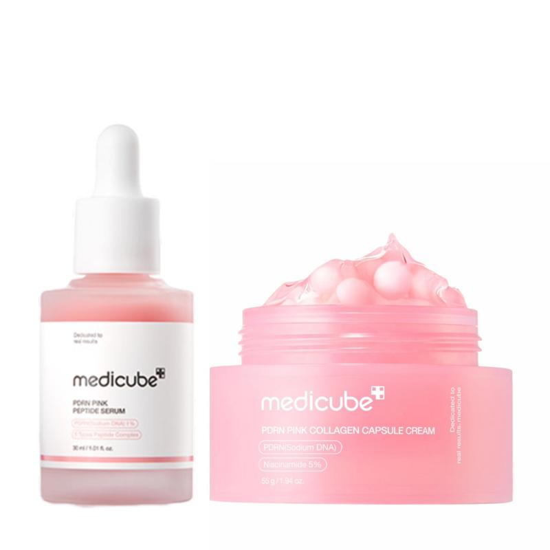 COMBO MEDICUBE MÀU HỒNG Kem dưỡng 55g và Serum PDRN căng bóng 30ml