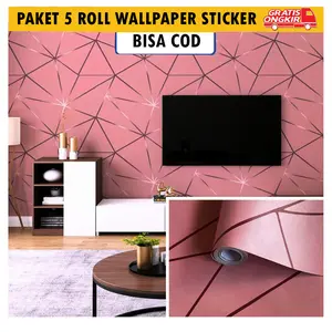 Wall Sticker PAKET 5 ROLL - Wallpaper Dinding Sooku Motif Garis Line Pink Panjang 4 Meter Pintu PVC