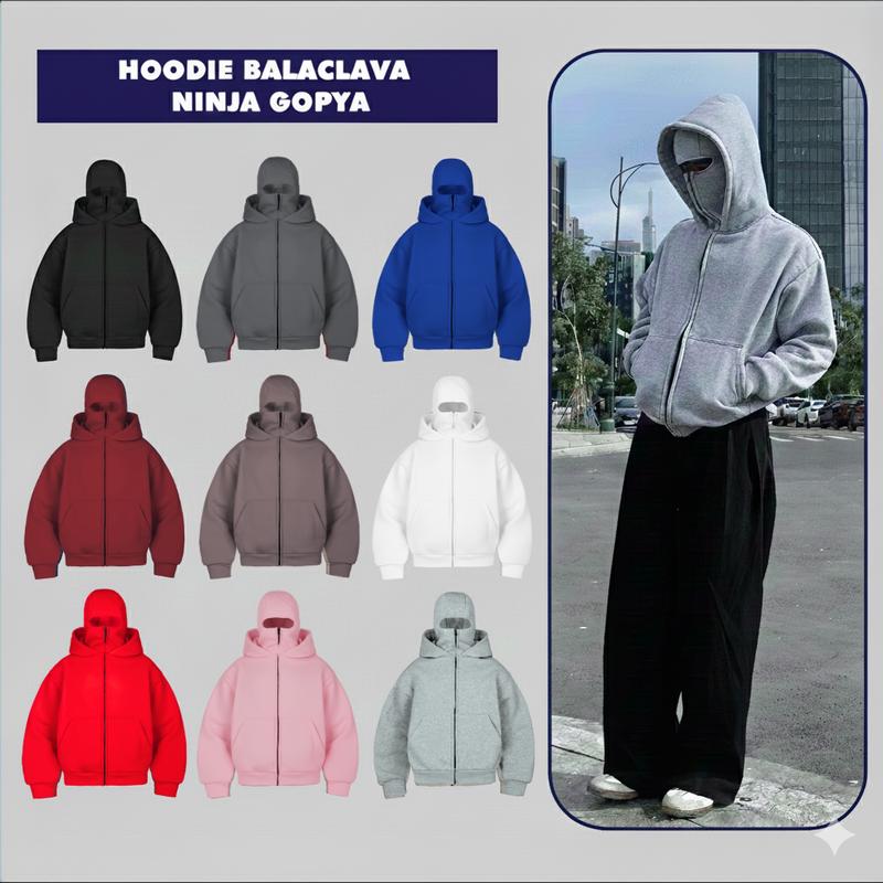  Áo Khoác Hoodie Zip Boxy Balaclava Ninja 2 mũ GOPYA thời trang chống nắng chất liệu nỉ bông form boxy nam nữ đều mặc được 