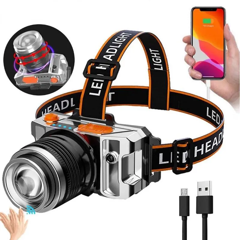 Đèn Pha Siêu Sáng, Cầm Tay, Có Thể Thu Phóng, Đèn Pha Cảm Ứng, Đèn Pin, Đèn Làm Việc, Sạc USB, Thích Hợp Để Cắm Trại Ngoài Trời, Đi Bộ Đường Dài, Đạp Xe, Không Thấm Nước