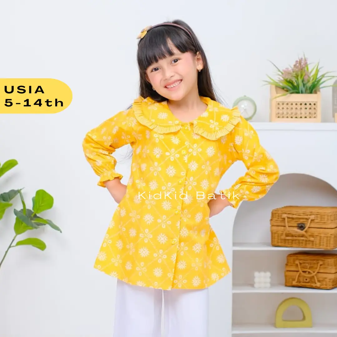 Baju Atasan Hem Kemeja Batik Anak Perempuan Lengan Panjang Cewek Kuning Usia 5-14 tahun
