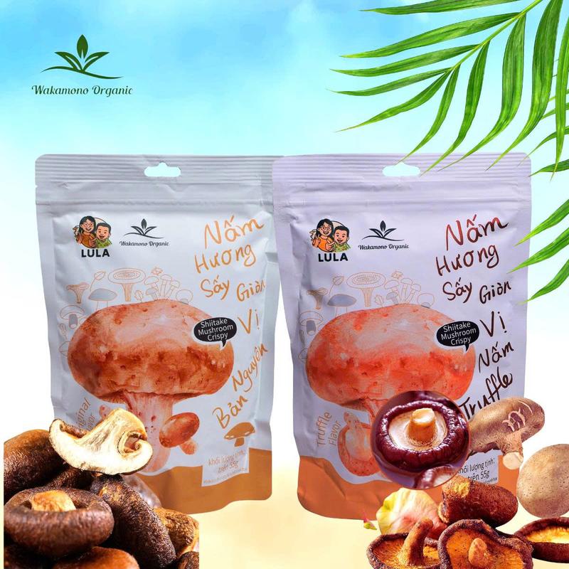 Wakamono Organic Combo 2 gói Nấm hương mix 2 vị sấy giòn 55g gói Không dầu snack ăn vặt healthy giòn rụm ngọt tự nhiên vị truffle
