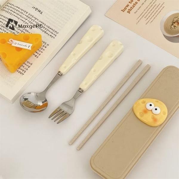 Bộ Thìa Đũa Muỗng Dĩa Inox 304 Cán Hình Phô Mai Dễ Thương,Dụng Cụ Cá Nhân Ăn Cơm Văn Phòng Dã Ngoại
